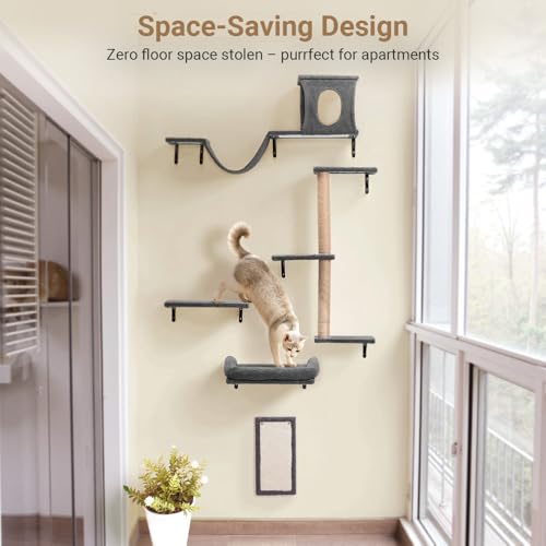 5-in-1 Wooden Cat Wall Shelves Set with Scratching Post C8174