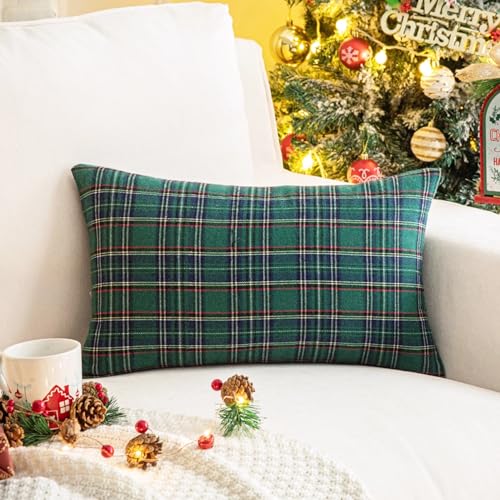 Pack of 2 Green Plaid Decorative Throw Pillow Covers, 20 x 20 Inches H31298