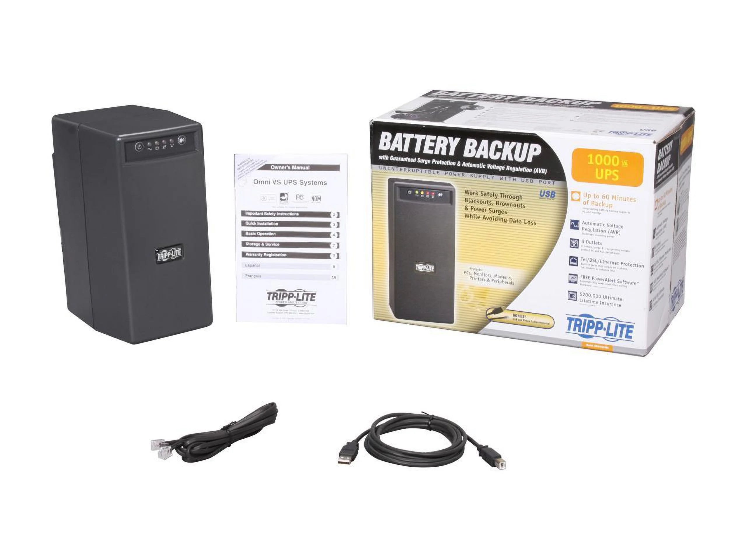 UPS 1000VA 500W Battery Back Up Tower AVR 120V USB RJ45 K24208