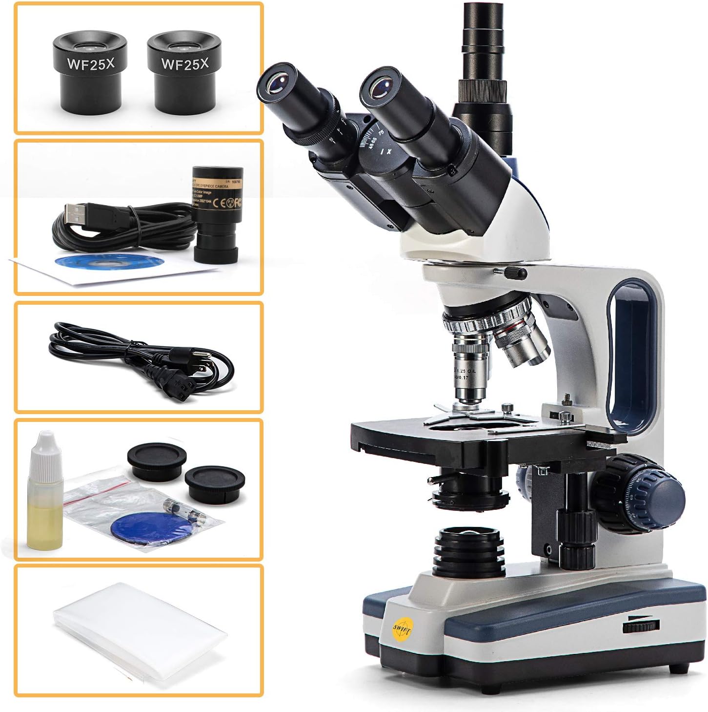 Trinocular Compound Microscope, 40X-2500X Magnification, Siedentopf Head, Two-Layer Mechanical Stage, 1.3mp Camera K626