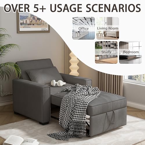 Beige Corduroy Convertible Sofa Bed with Throw Pillow D451