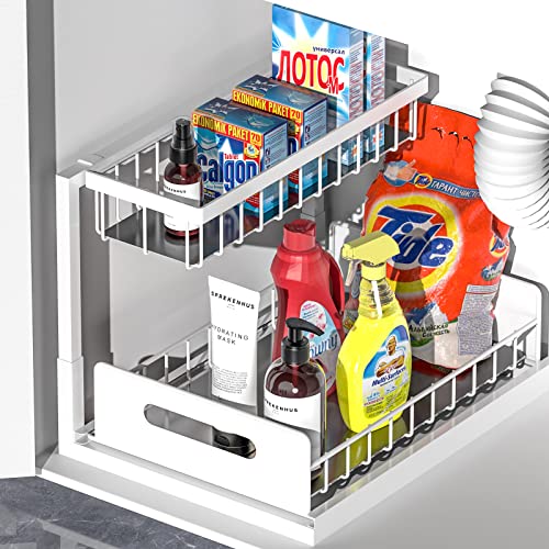 2-Tier Heavy Duty Metal Slide Out Pull Out Drawers Under Sink Organizers and Storage (White) N9673