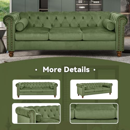 Green Velvet 3 Seater Sofa with 2 Pillows Y65780