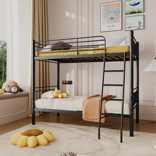 Black Metal Twin Over Twin Bunk Bed with Ladder and Guardrail S9004