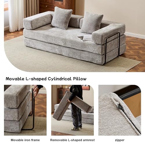 Dark Gray Chenille Convertible Floor Sofa Bed with Pillow Back & Armrest A96842