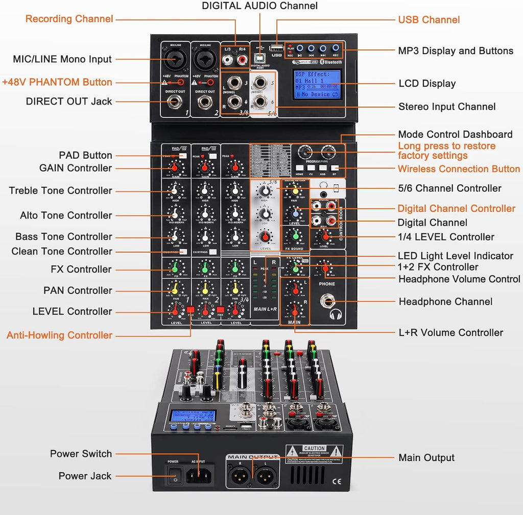 6 Channel Sound Mixer with USB MP3 Wireless Input 48V Phantom Power C7342
