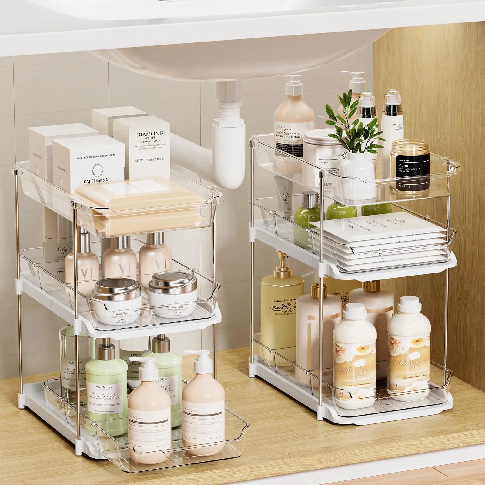 White 3 Tier Stackable Under Sink Organizer with Pull Out Drawers J829