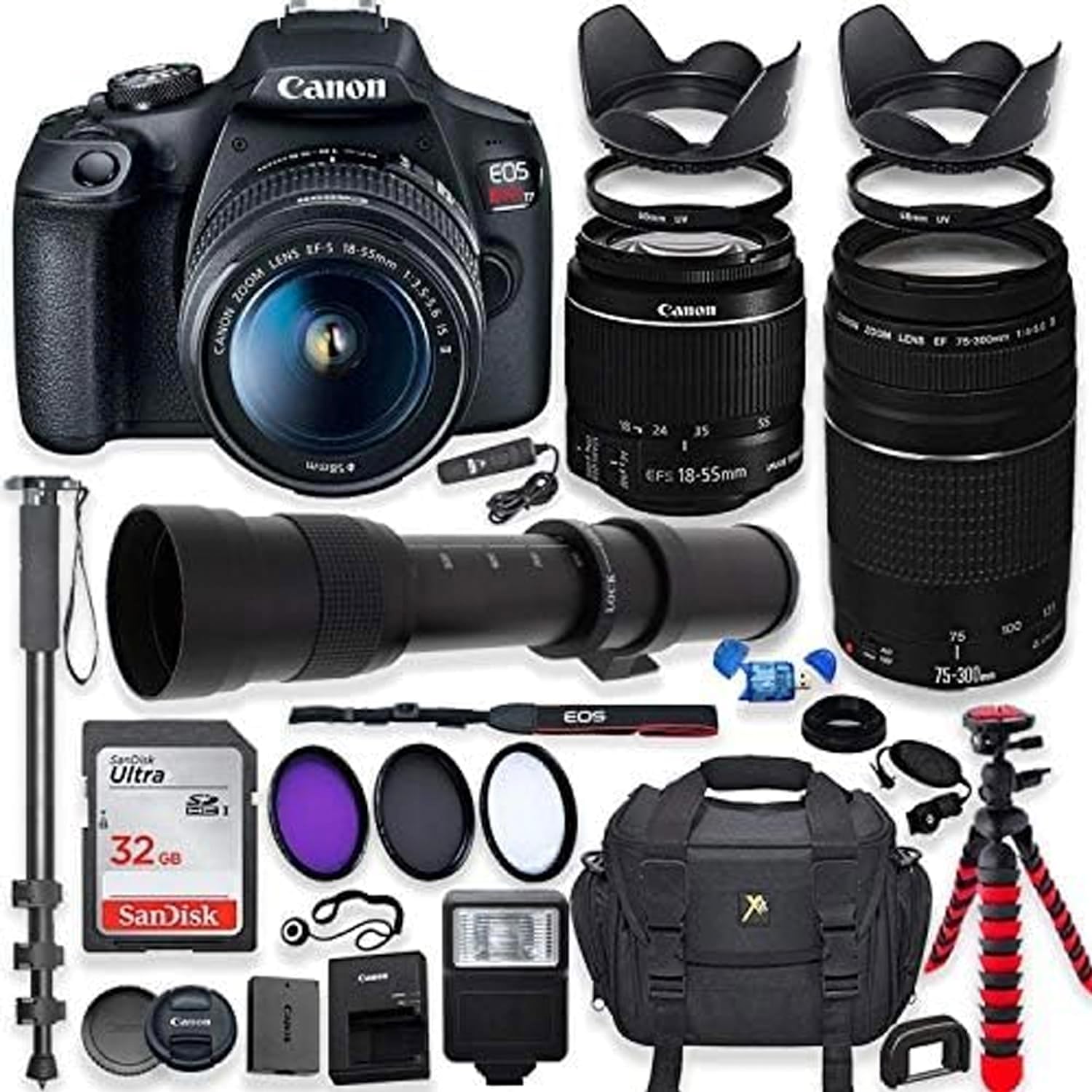 DSLR Camera with 18-55mm Lens, 75-300mm Lens, 420-800mm Telephoto Zoom Lens, 32GB Memory, Filters, Tripod O4741