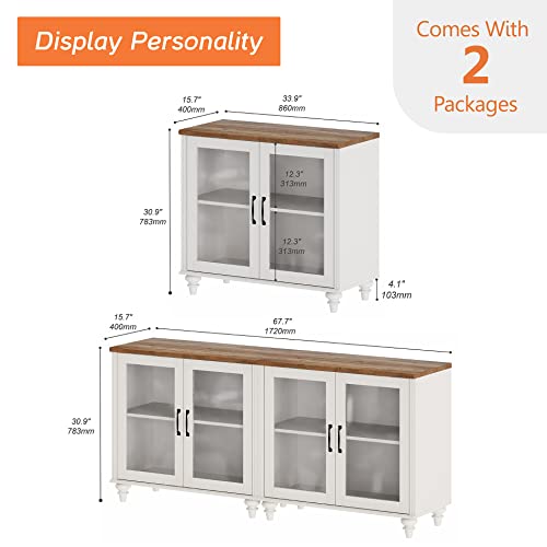 Off White Wood TV Stand with Yellow LED Light and Glass Door X66236