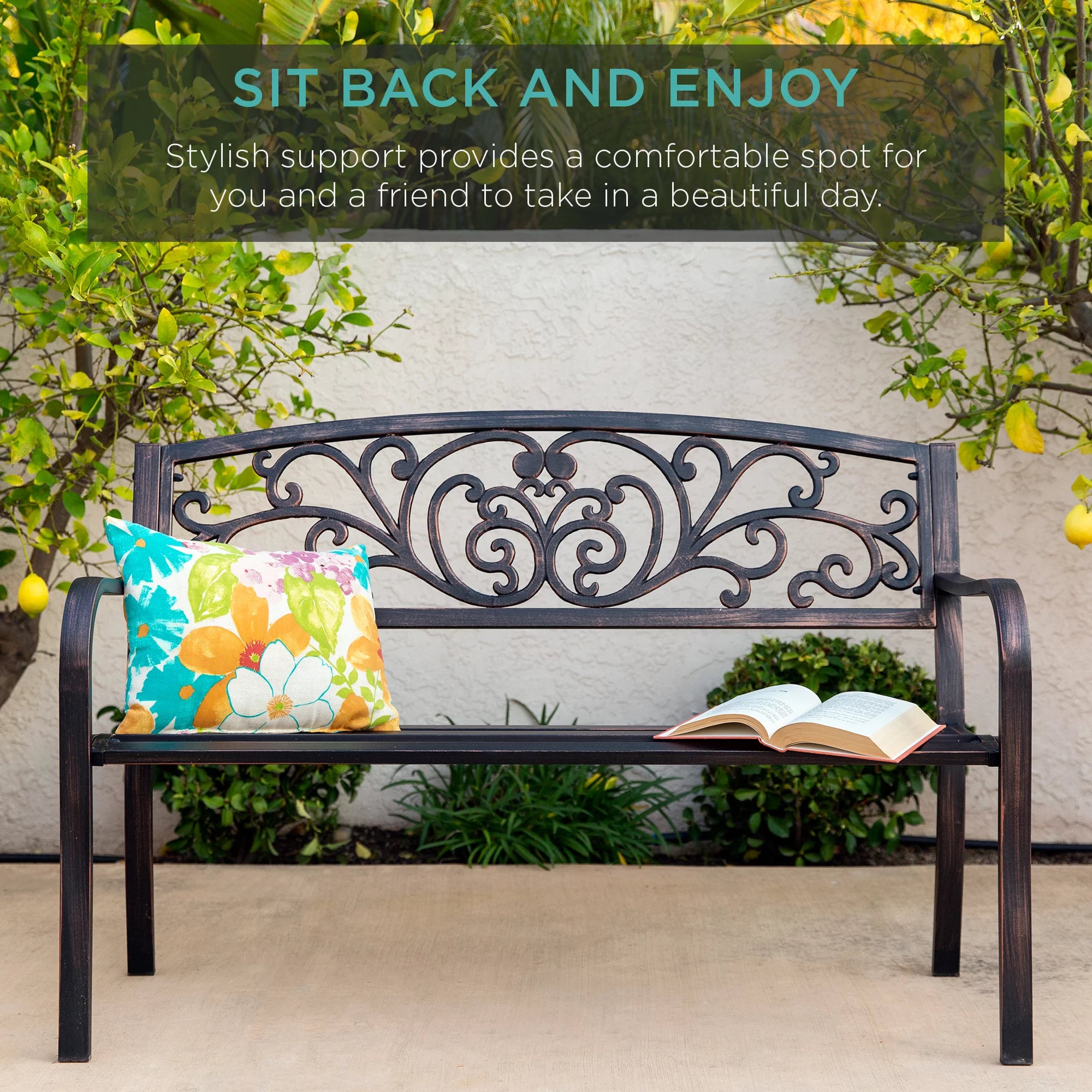 Brown Outdoor Steel Bench with Floral Design Backrest V38910
