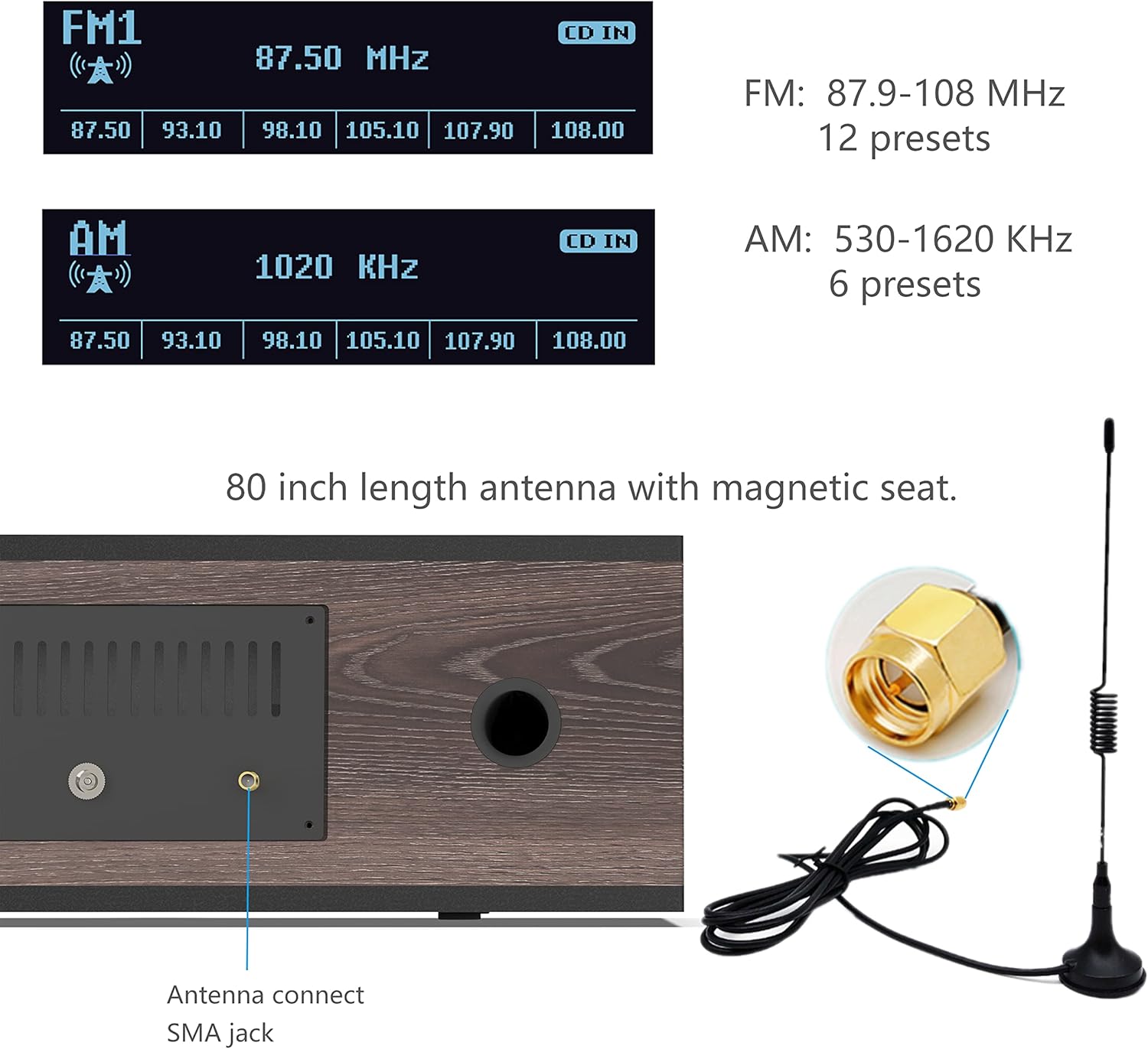 Retro CD Player with Speakers Wooden Stereo System Bluetooth Receiver FM/AM Radio Tuner USB AUX Q358894