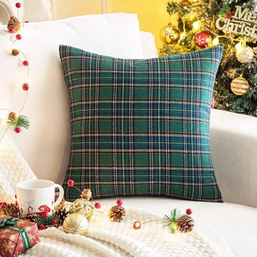 Pack of 2 Green Plaid Decorative Throw Pillow Covers, 20 x 20 Inches H31298