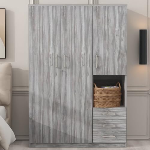 Grey Wooden Armoire Wardrobe with 6-Tier Shelves and 3 Drawers D33340