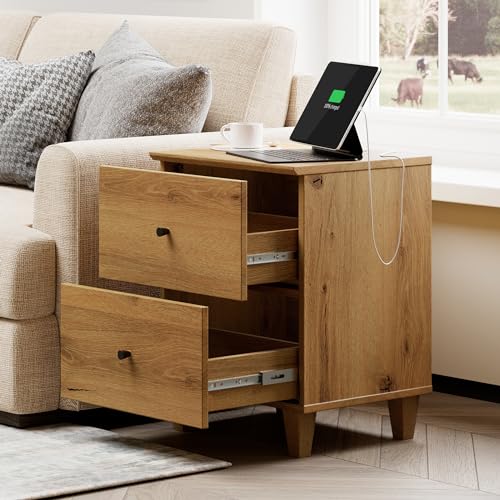 Oak Brown 6 Drawer TV Stand with 1 End Table 2 Drawers Charging Station 2 Pieces Wood Furniture Set H7531