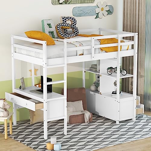 Solid Wood Twin Loft Bed with Desk, Storage Shelves, Drawers, Ladder, Guardrail L246