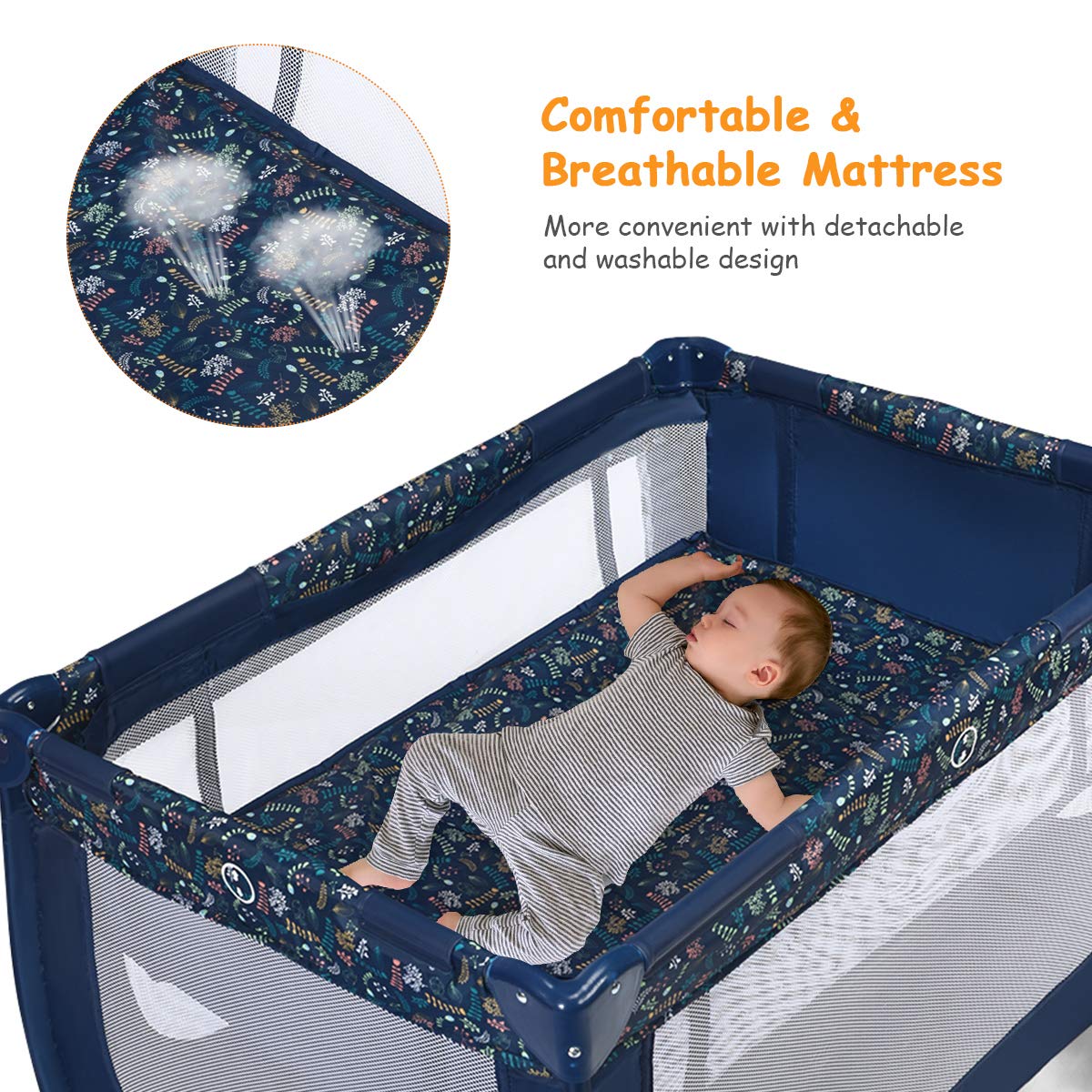 Blue Foldable Baby Playard with Bassinet and Carry Bag B737