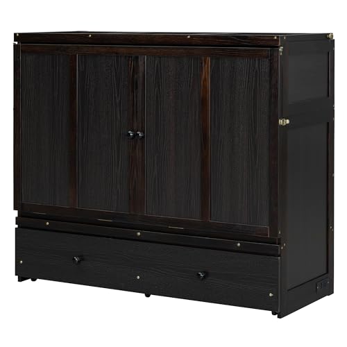 Full Murphy Bed with USB Charging Station and Large Drawer, Wooden Full Size Bed Wall Bed with Storage, Espresso N534511