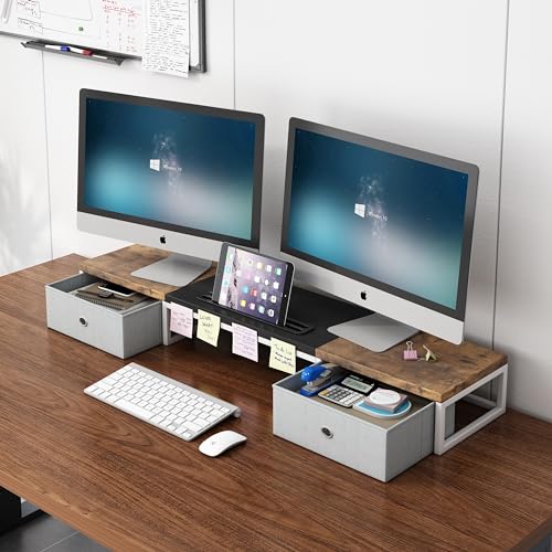 White 39Inch Wooden Dual Monitor Stand Riser with 2 Drawers N14683