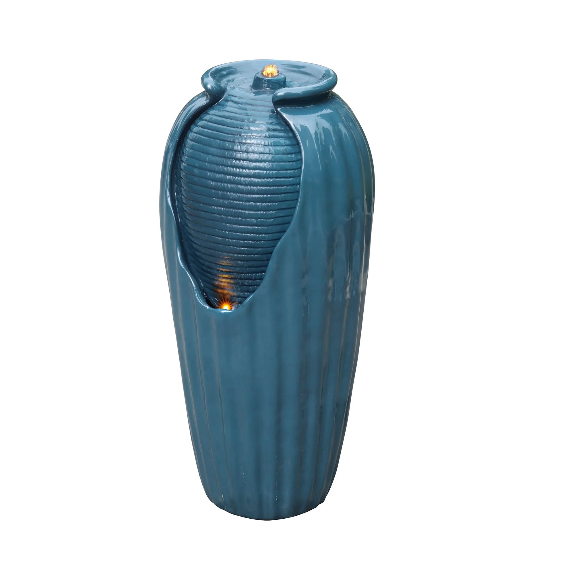 Blue Glazed Contoured Vase Water Fountain with LED Lights U500
