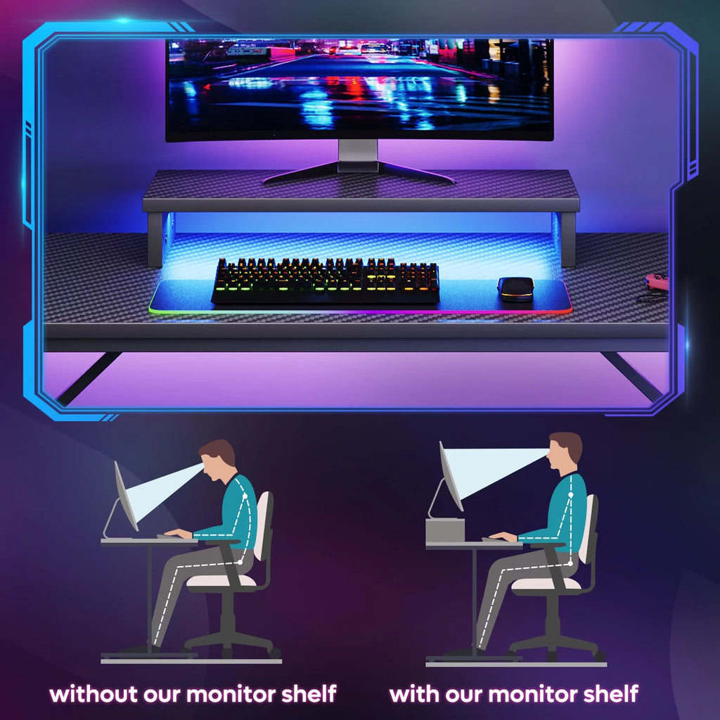 42" Gaming Desk with LED Lights, Monitor Stand, Headphone Hook, Cup Holder in Carbon Fiber Black V548677