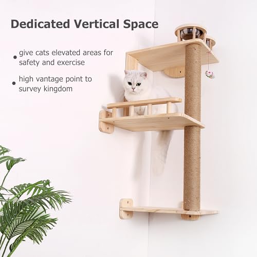 3 Levels 36" Wood Cat Wall Shelf with Feeder P78764