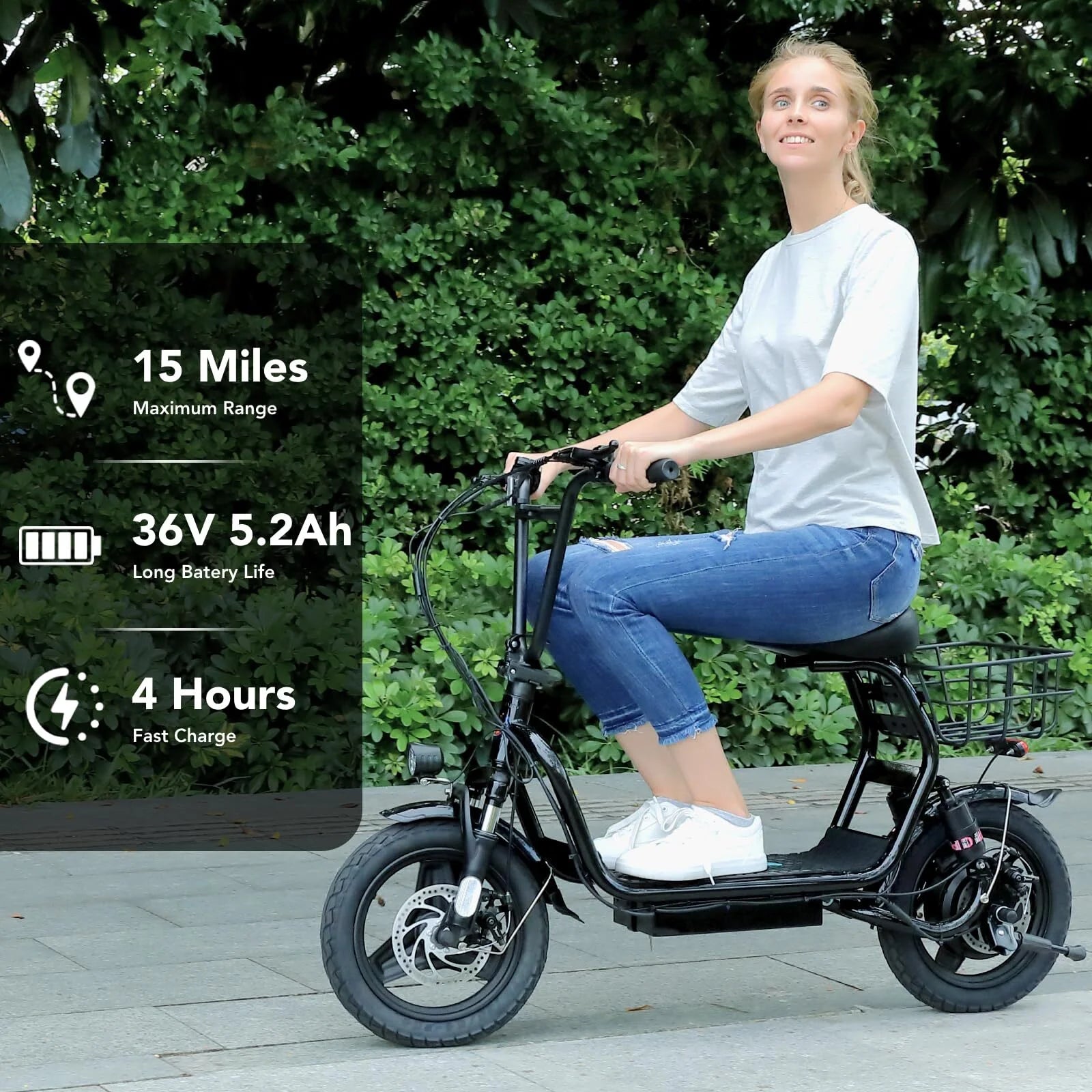 Black 500W Electric Scooter with Seat, 14" Tires, 20 MPH Max, 15 Miles Range O367412