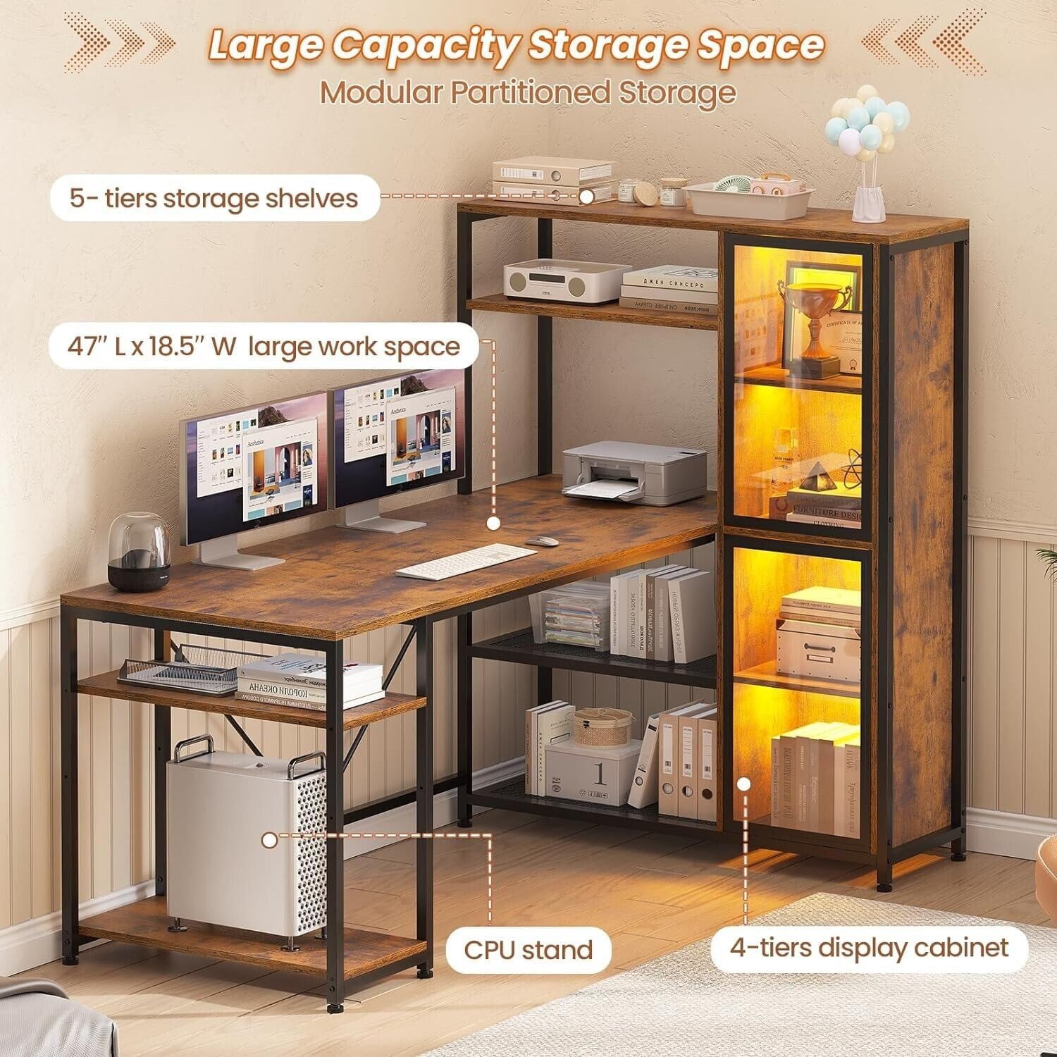Rustic Brown L Shaped Desk with Storage Shelves 59”L x 31.5”W x 50.7”H I605