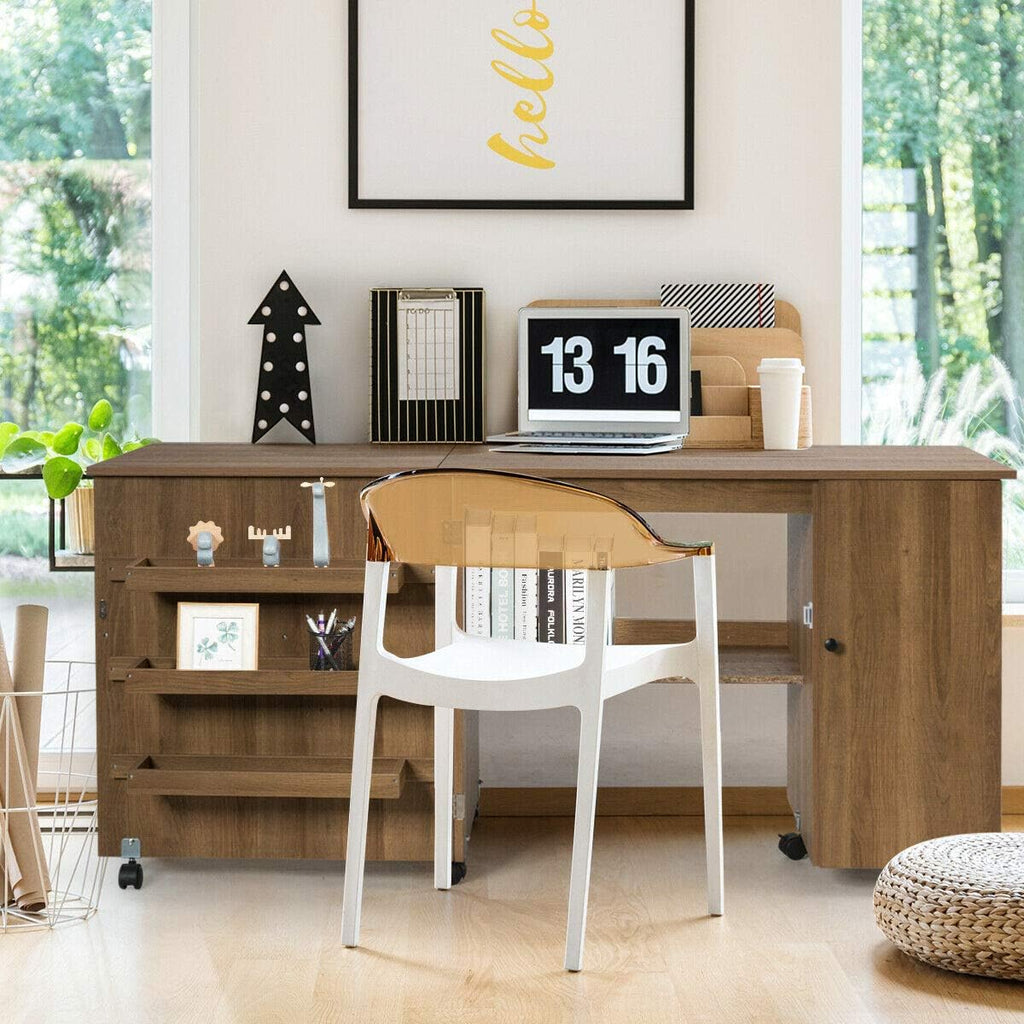 Folding Sewing Craft Table with Storage Cabinet and Wheels Natural O121
