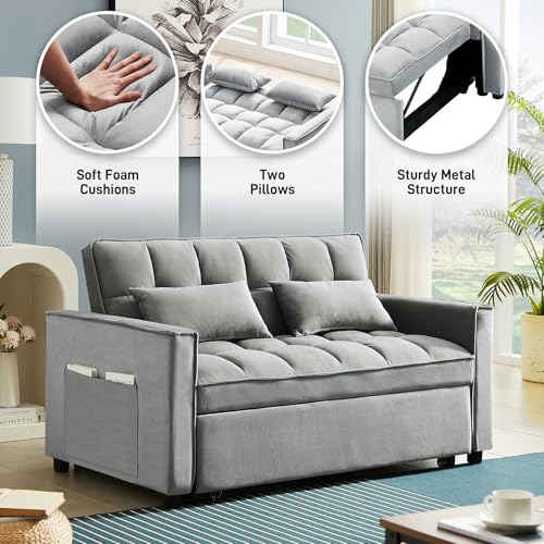 Beige Velvet Convertible Sleeper Sofa Bed with Pullout Bed E3769