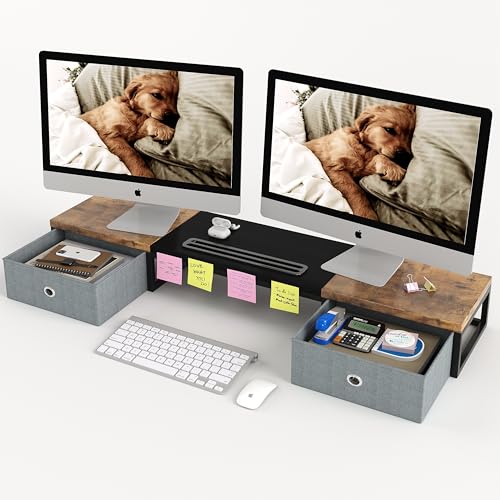 White 39Inch Wooden Dual Monitor Stand Riser with 2 Drawers N14683