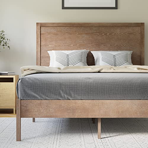 King Size Solid Wood Platform Bed with Headboard, Dark Brown H87033