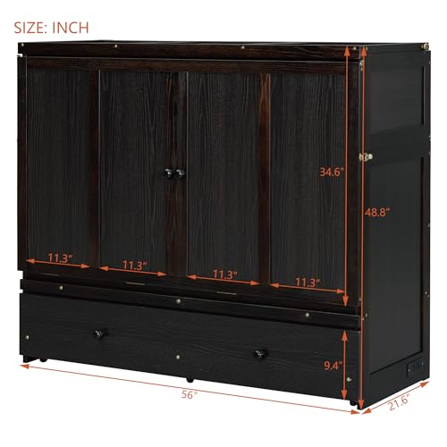 Full Murphy Bed with USB Charging Station and Large Drawer, Wooden Full Size Bed Wall Bed with Storage, Espresso N534511