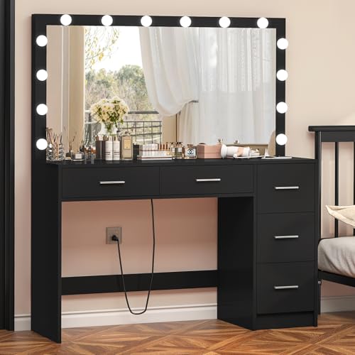 White 43.3" Vanity Desk with Lighted Mirror and 7 Drawers J9360