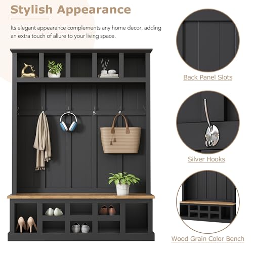 Black Wide Entryway Hall Tree with Storage Bench and 6 Hooks E239481