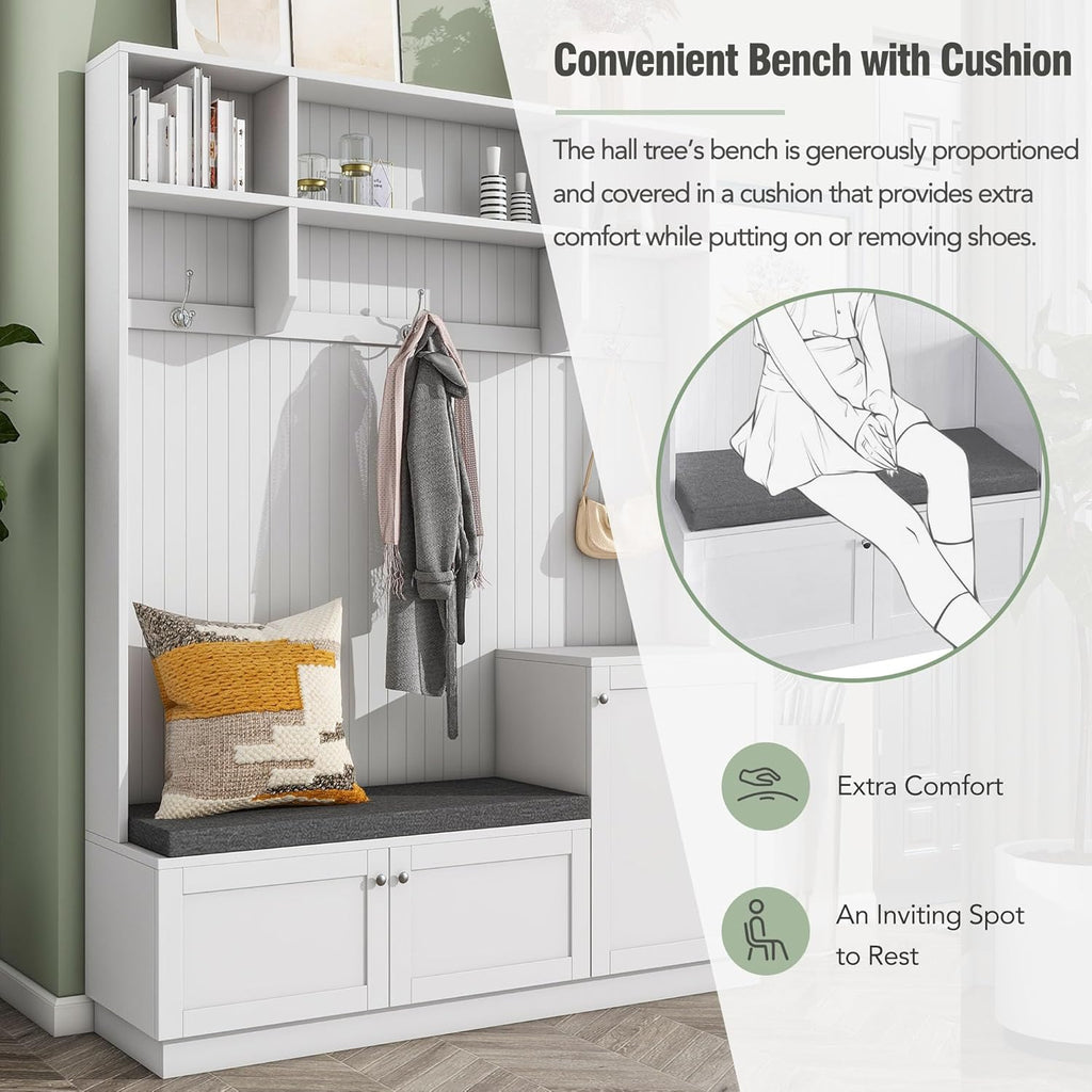 White Hall Tree with Cushion Bench and Shoe Storage J53576