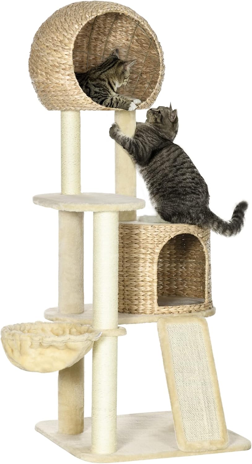 Beige Cat Tree with Cat Condo, Hammock, Perches, Scratching Posts, Ramp F632