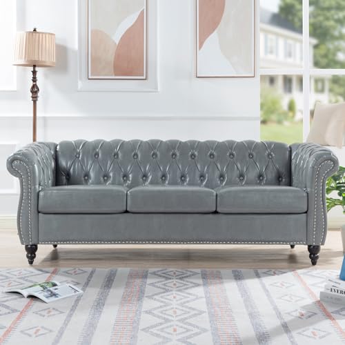Orange 3 Seater PU Chesterfield Couch with Wooden Legs X365221