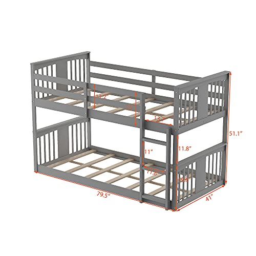 White Twin Over Twin Low Wooden Bunk Bed with Ladder H67796
