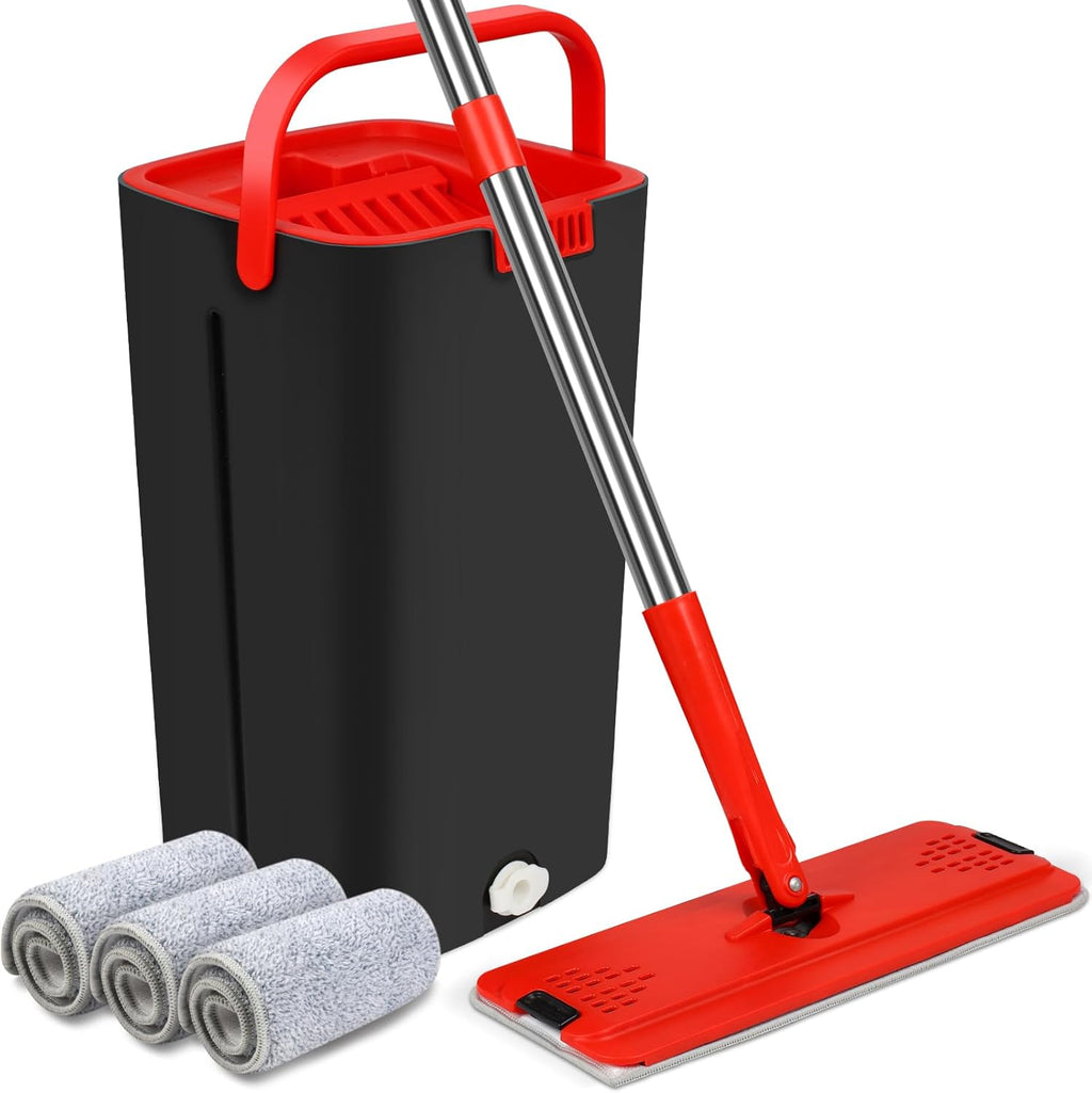 Mop and Bucket with Wringer Set, Stainless-Steel Handle, 3 Washable Microfiber Pads A8820