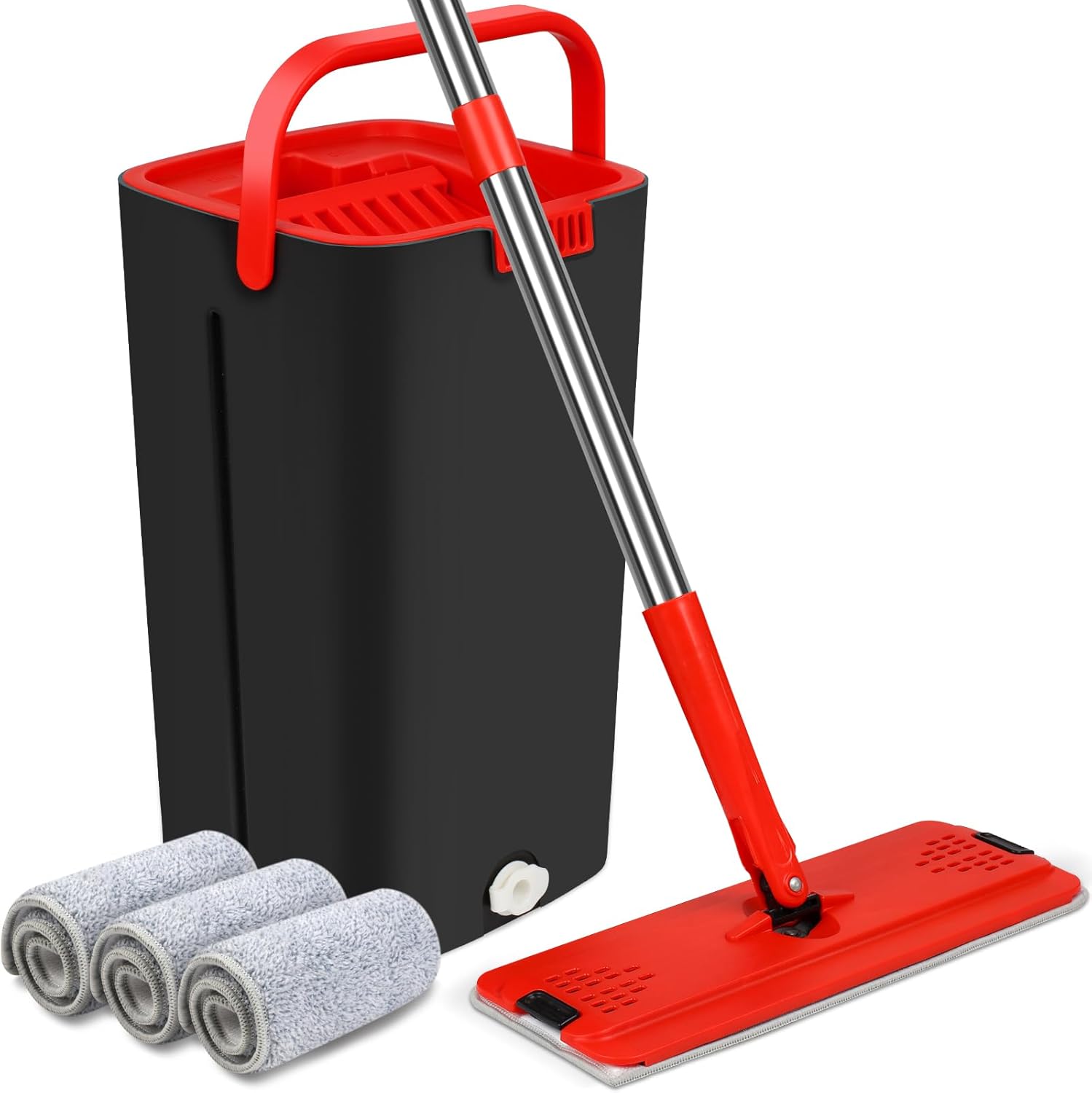 Mop and Bucket with Wringer Set, Stainless-Steel Handle, 3 Washable Microfiber Pads A8820