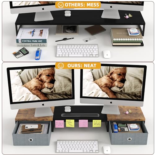 White 39Inch Wooden Dual Monitor Stand Riser with 2 Drawers N14683