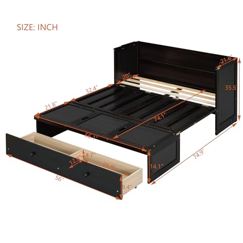 Full Murphy Bed with USB Charging Station and Large Drawer, Wooden Full Size Bed Wall Bed with Storage, Espresso N534511