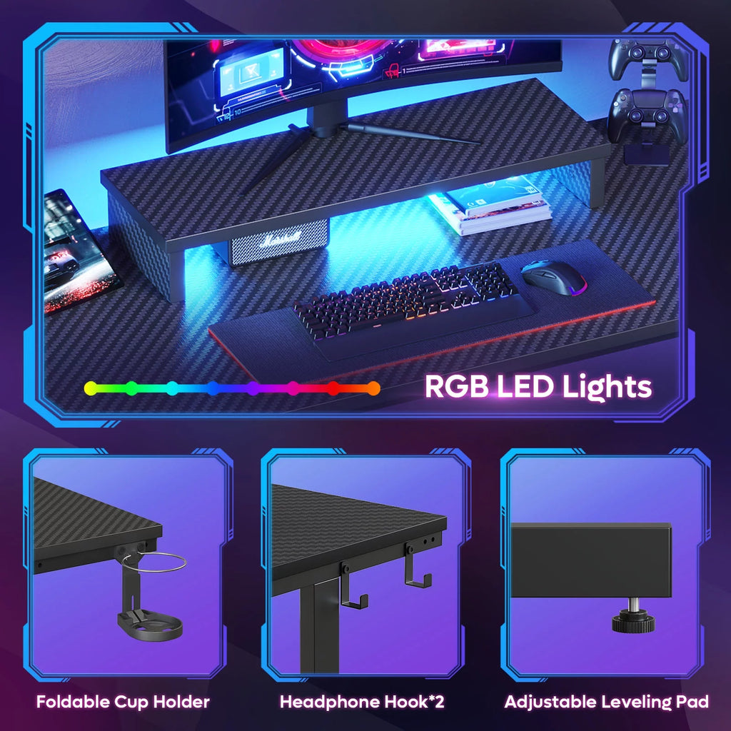 42" Gaming Desk with LED Lights, Monitor Stand, Headphone Hook, Cup Holder in Carbon Fiber Black V548677