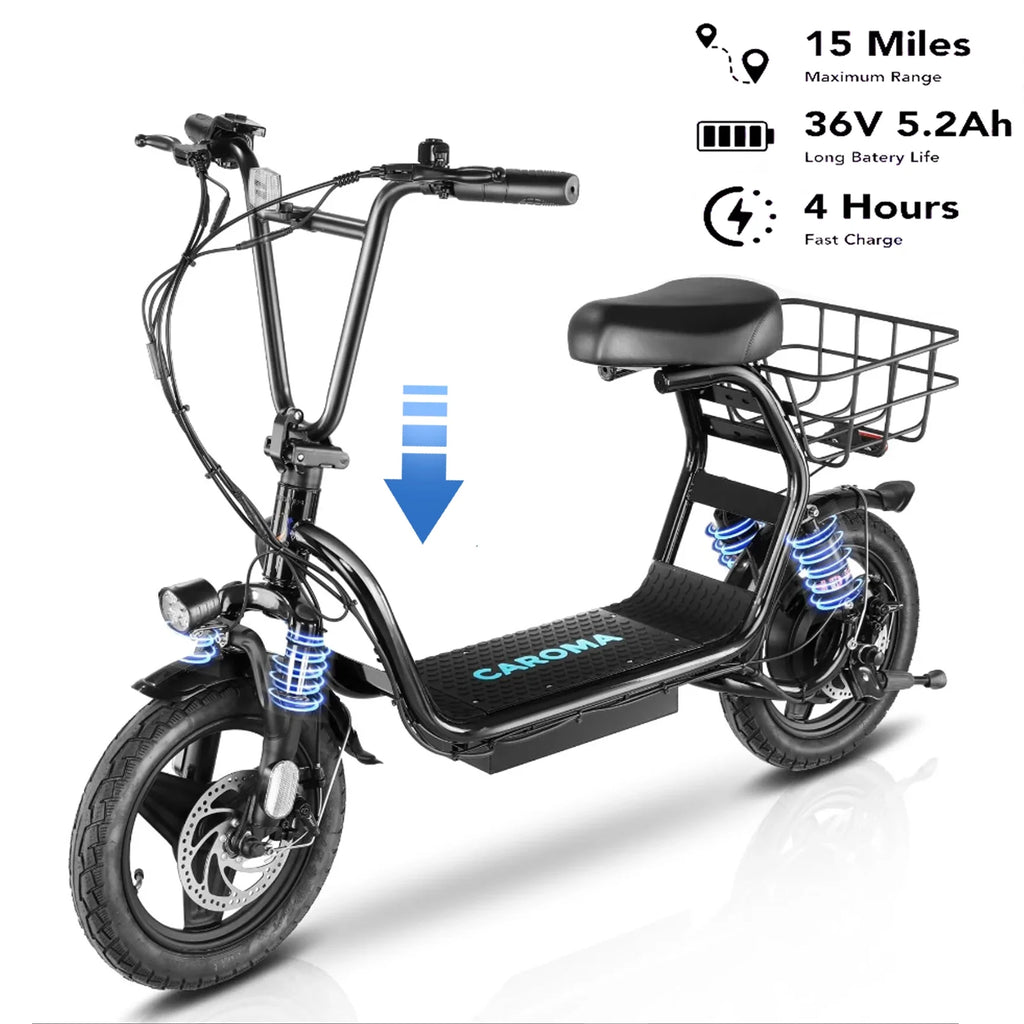 Black 500W Electric Scooter with Seat, 14" Tires, 20 MPH Max, 15 Miles Range O367412