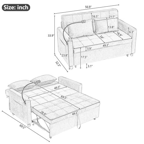 3 in 1 Convertible Sleeper Sofa Bed Futon Couch with USB Ports Brown V133023