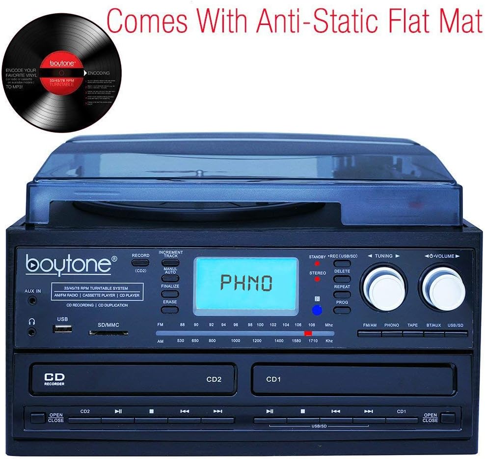 Bluetooth Dual CD Player Turntable Record Player with AM/FM Radio, Cassette Player, USB, AUX U85549