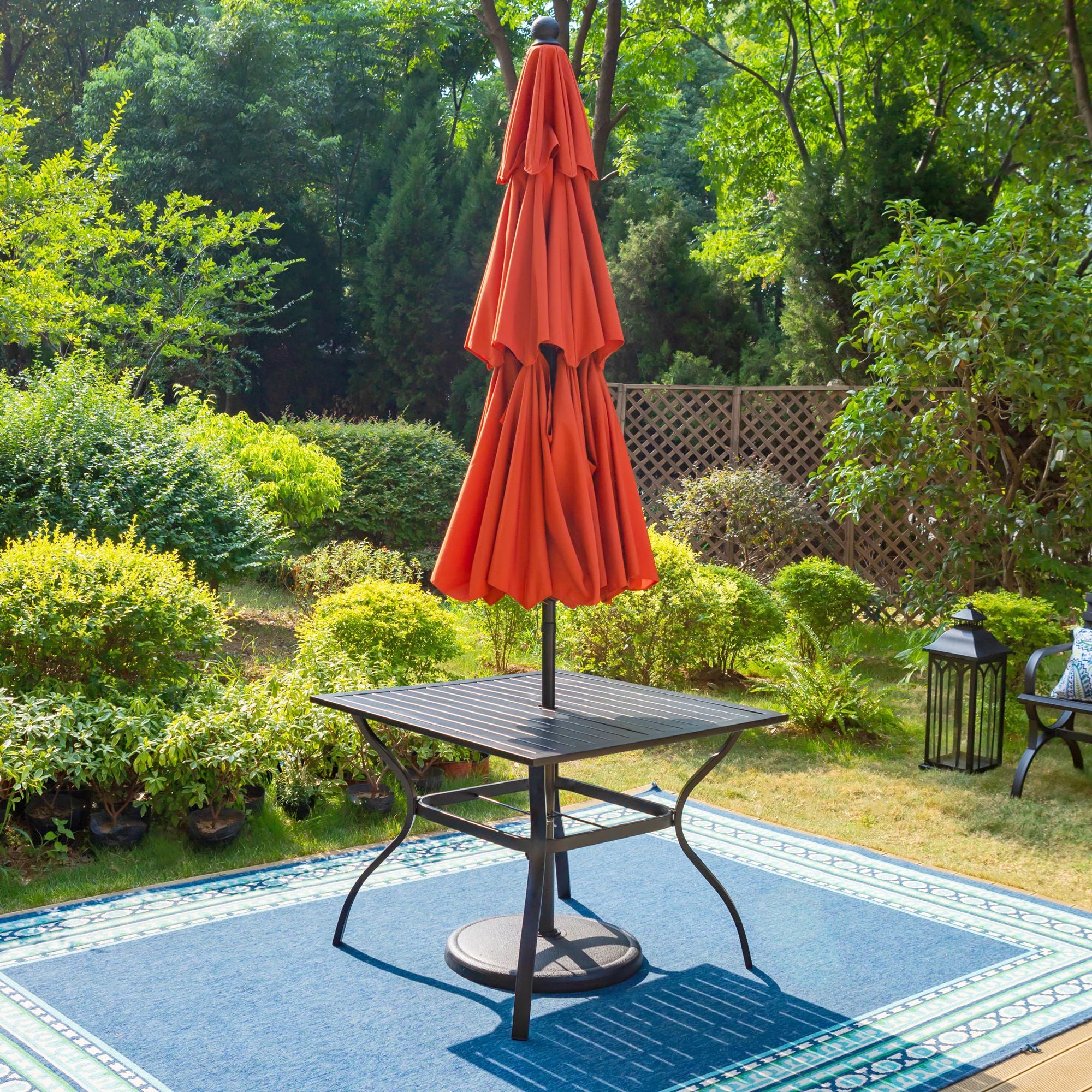 6-Piece Outdoor Patio Set with 10 FT Umbrella, 4 PCS Metal Steel Stacking Chairs & 1 PC Square Dining Table, Orange Red Umbrella V55341