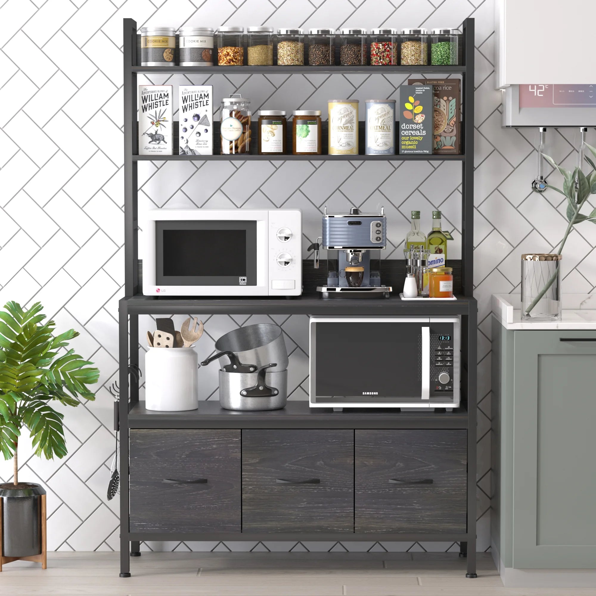 5-Tier Black Wood Kitchen Storage Shelf with Baskets and Hooks T8440