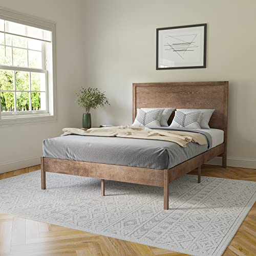 King Size Solid Wood Platform Bed with Headboard, Dark Brown H87033