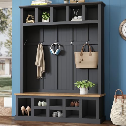 Black Wide Entryway Hall Tree with Storage Bench and 6 Hooks E239481